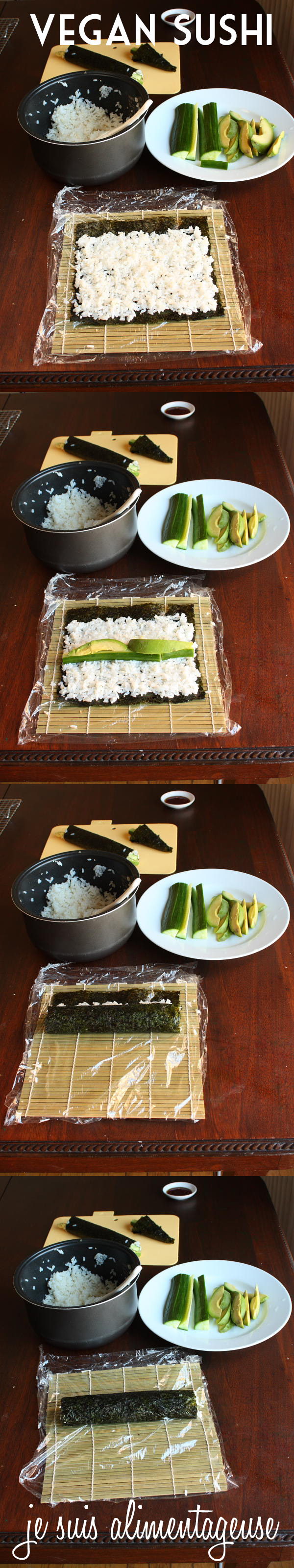 Avocado Cucumber Sushi - How to make sushi step-by-step at home! | alimentageuse.com #appetizers #vegan #avocado #sushi