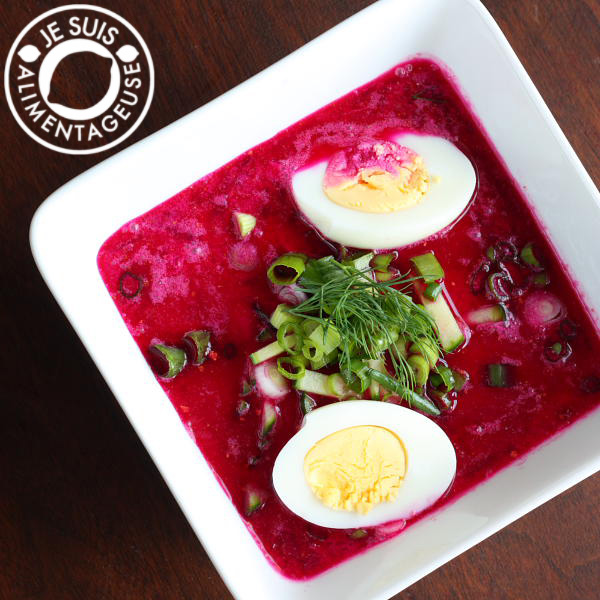 Summer Borscht from alimentageuse.com. A refreshingly cool soup on a hot summer day, filled with fresh, bright ingredients