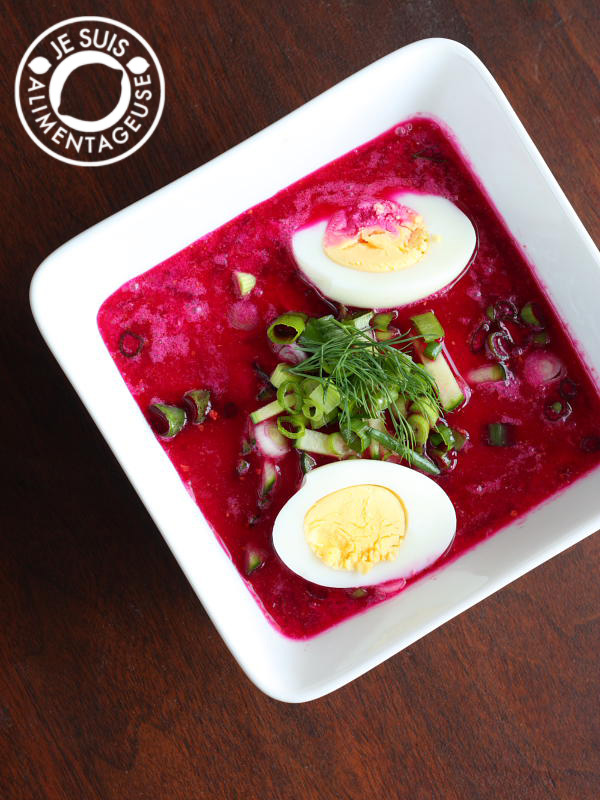 Summer Borscht from alimentageuse.com. A refreshingly cool soup on a hot summer day, filled with fresh, bright ingredients