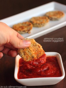 Almond Crusted Baked Eggplant - Finger food with tons of protein! #appetizerweek