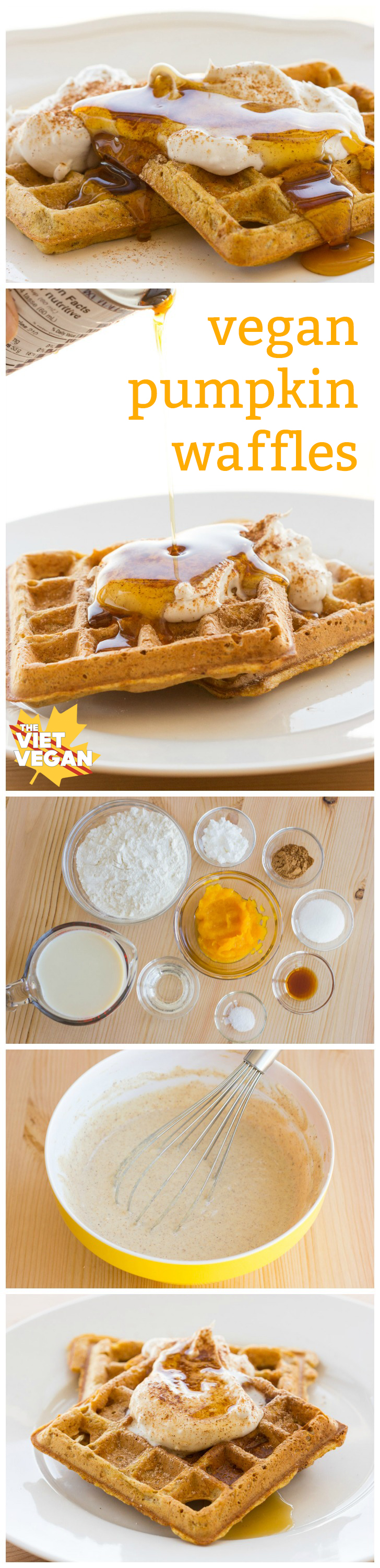 Vegan Pumpkin Waffles | The Viet Vegan | Crisp on the outside, fluffy on the inside, perfect for coconut whipped cream and maple syrup.