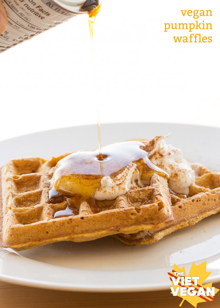 Vegan Pumpkin Waffles | The Viet Vegan | Crisp on the outside, fluffy on the inside, perfect for coconut whipped cream and maple syrup.