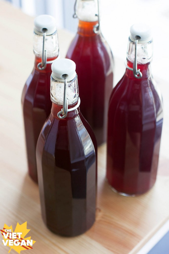 Homemade haskapa Kombucha | The Viet Vegan | Easy to make your own kombucha at home with tea, sugar, a SCOBY, and some haskapa berry juice!