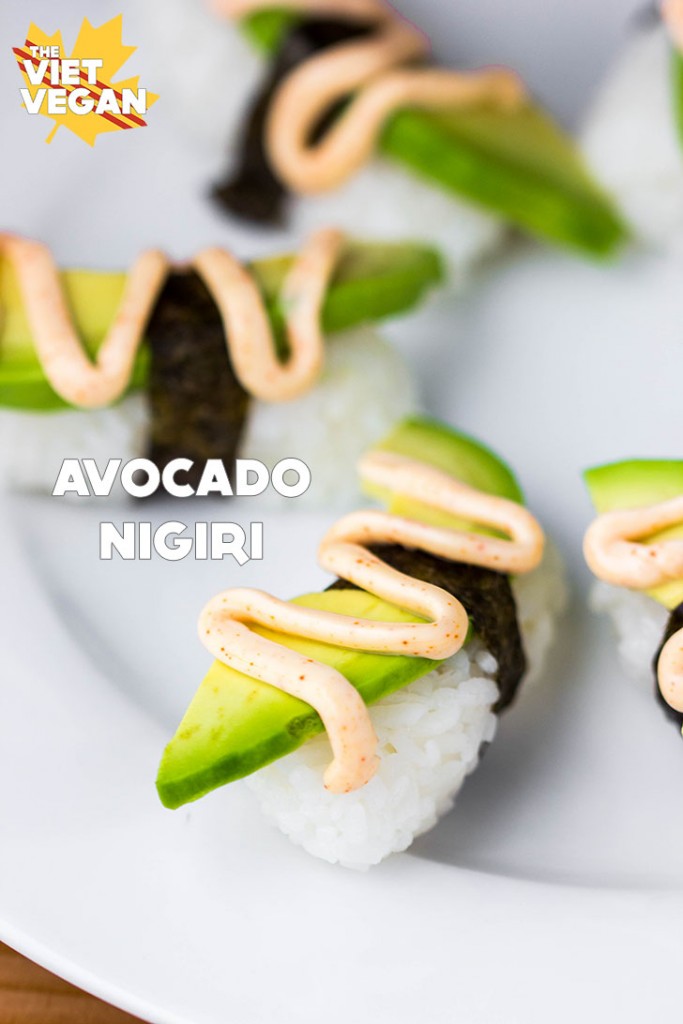 Spicy Avocado Nigiri | The Viet Vegan | Buttery avocado on seasoned sushi rice, and a drizzle of chipotle mayo!