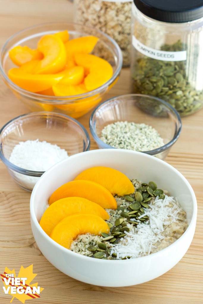 Vegan Oatmeal Peach Breakfast Bowl | The Viet Vegan