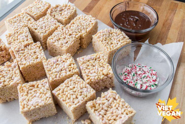 Vegan Peppermint Rice Crispy Squares Dipped In Chocolate