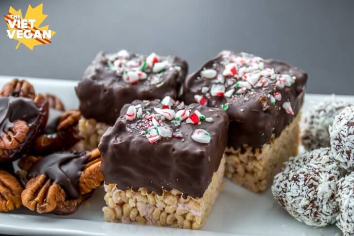 Vegan Peppermint Rice Crispy Squares Dipped In Chocolate