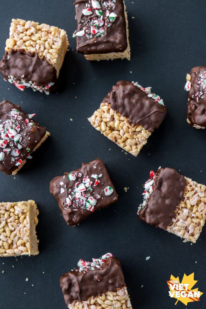 Vegan Peppermint Rice Crispy Squares Dipped In Chocolate