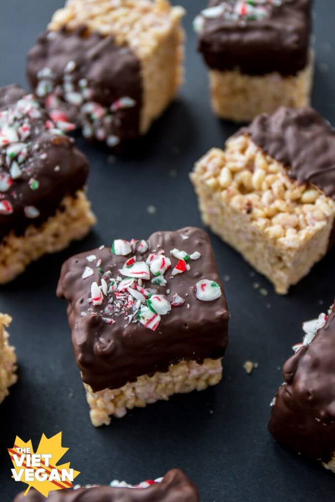 Vegan Peppermint Rice Crispy Squares Dipped In Chocolate