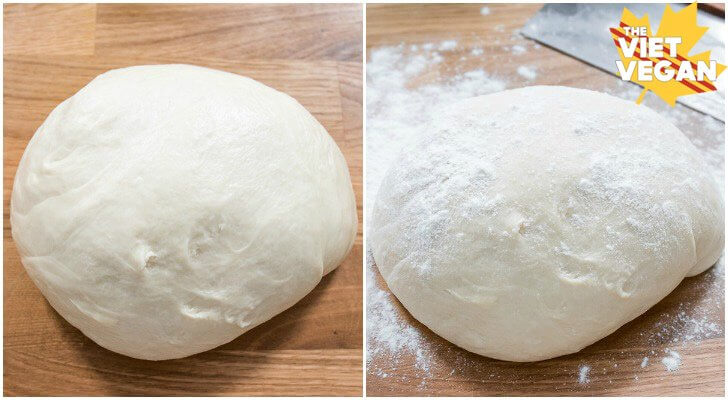 Two pictures of the same vegan steamed bun dough, the dough on the right is floured