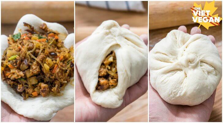 Three pictures of the filling and pleating process of the steam buns.