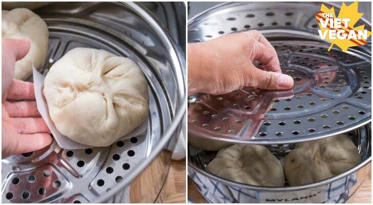 Two pictures side by side, the one on the left is a steam bun on a square of parchment paper being placed on the steaming insert, the photo on the right is a hand inserting a second layer of the steaming tray over the first layer.