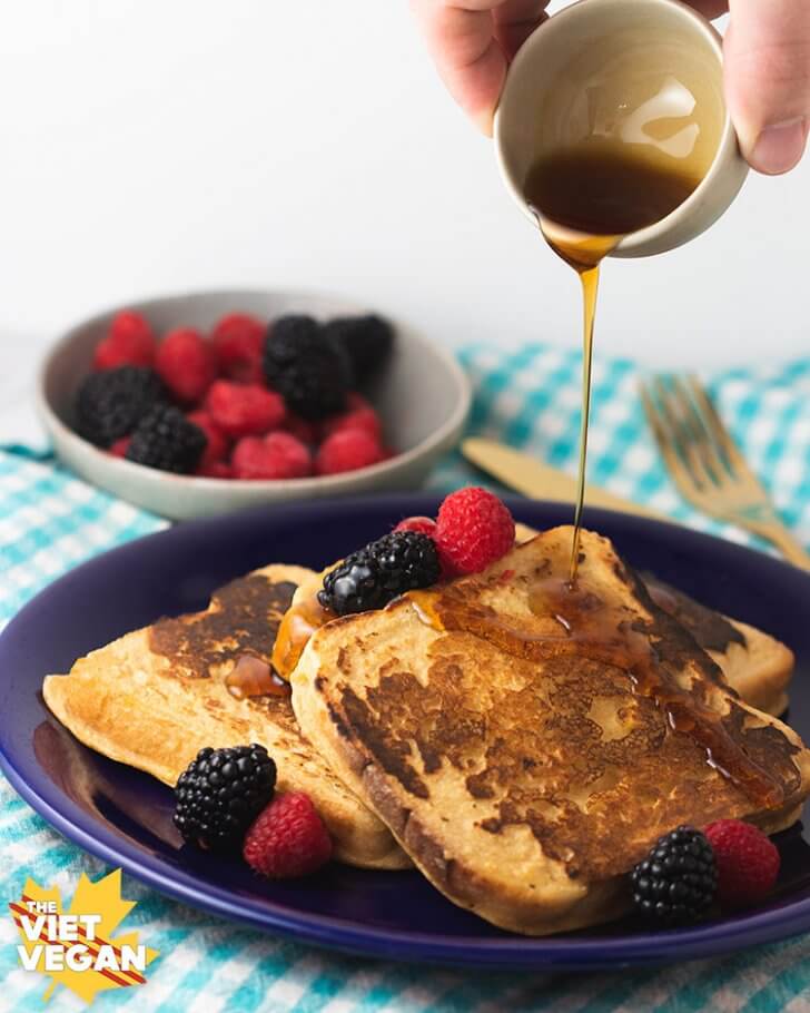 Vegan French toast with maple syrup drizzle