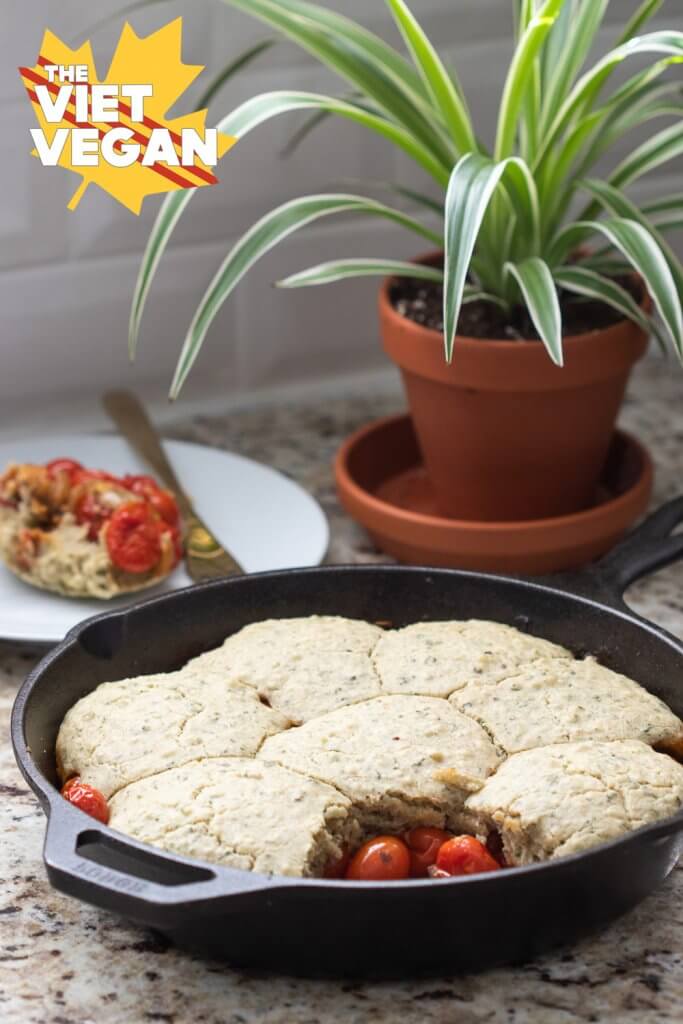 baked cobbler in front of a spider plant