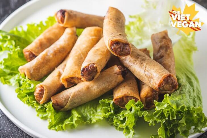 Vegan Lumpia shanghai on lettuce close up