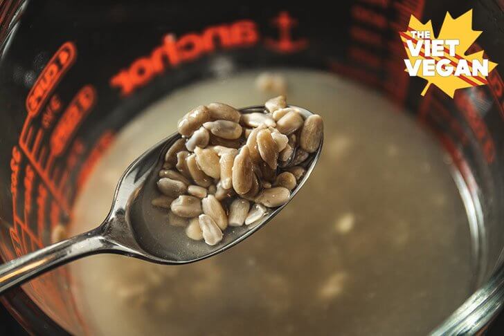 Sunflower seeds in a spoon over soaking liquid