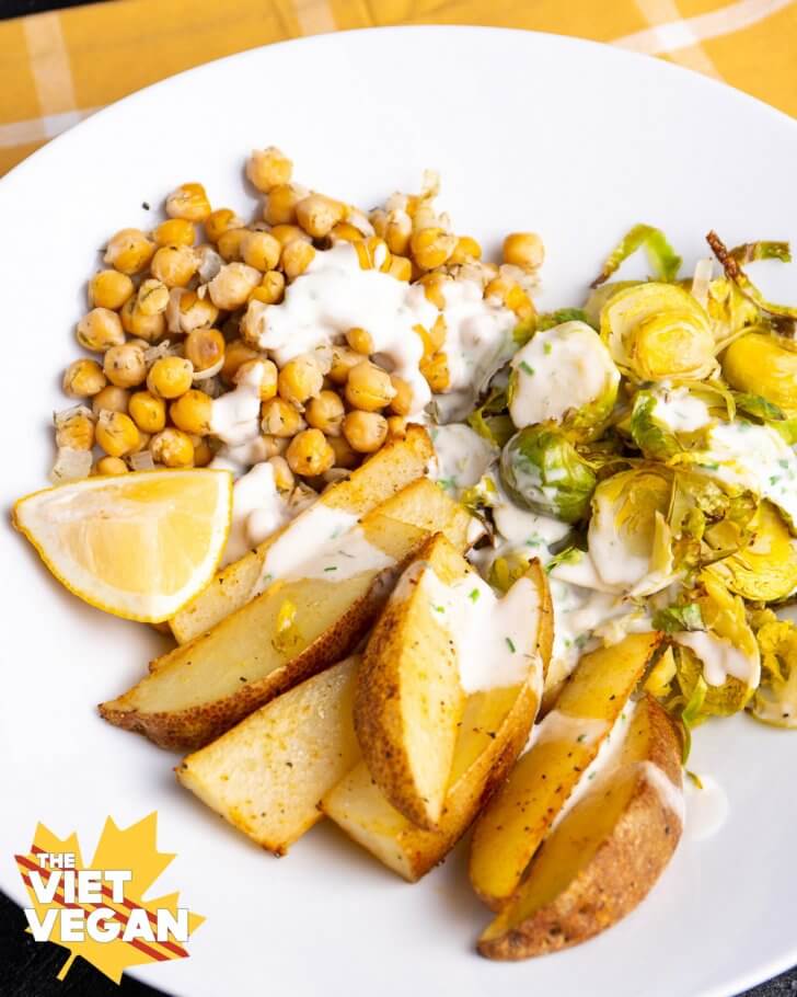 Dill chickpeas and potato wedges with roasted brussels sprouts