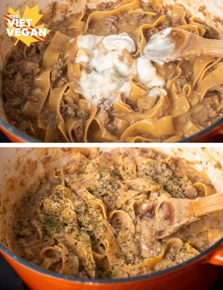 Top image of pasta with sourcream added before incorporating, bottom image is mixed with dried parsley on top
