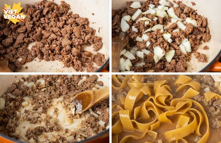 Four images of the cooking stages of the beyond beef, onion, rough, and adding pasta