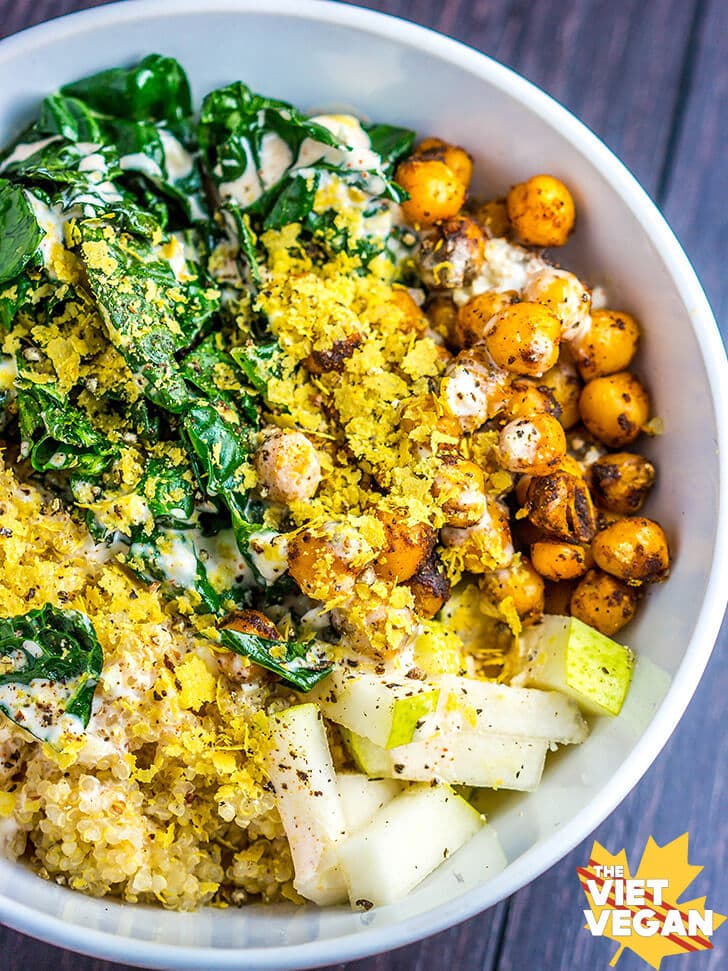 Quinoa Bowl with Chilli Spiced Chickpeas, Wilted Kale, Pear, and Garlic Chipotle Mayo