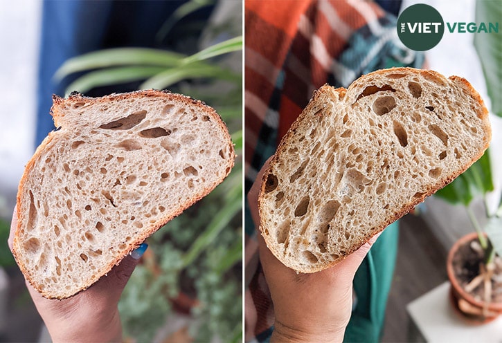 Crumb shot of two loaves (the seeded and the plain loaves)