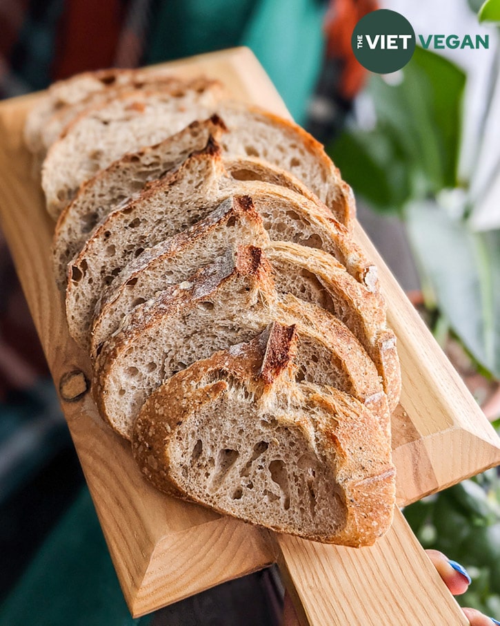 sliced, bake sourdough on a cutting board