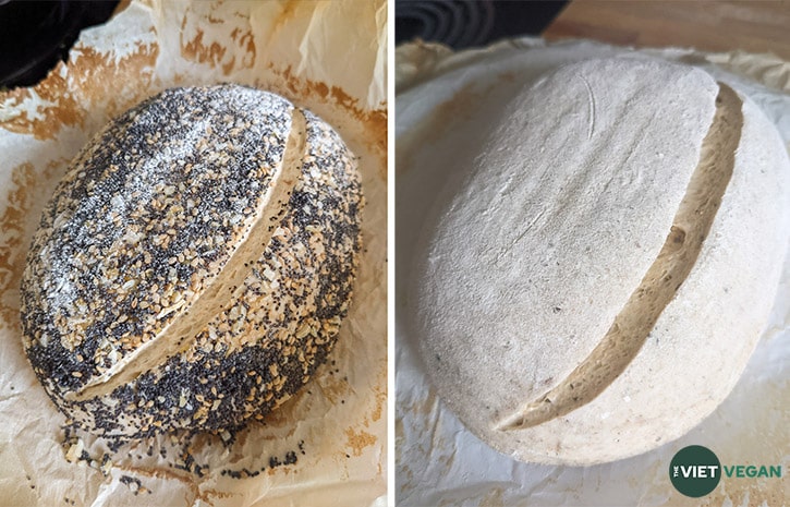 Two different sourdough loaves (one seed crusted, the other is plain), scored, before baking.