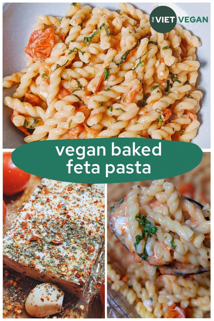 three photos: the pasta, the herby feta, and a spoonful of the sauced pasta, with text overlay on top