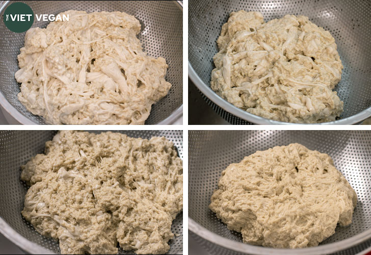 Stages of the washed flour method, clockwise from the top left shows less and less starch present in the seitan.