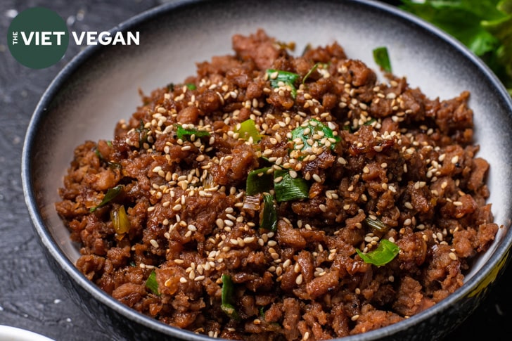 Cooked vegan bulgogi ground in a bowl