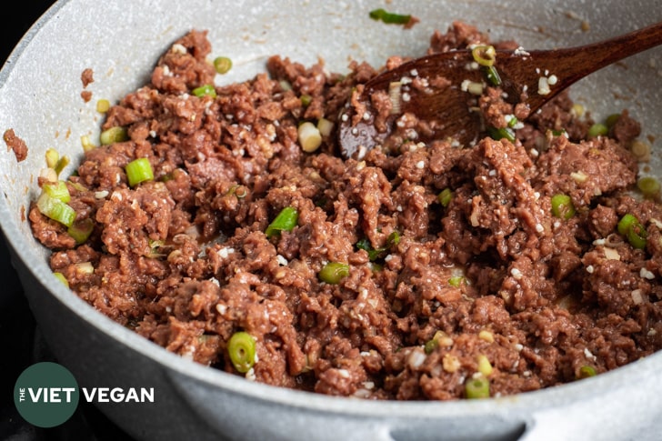 vegan bulgogi ground mixture in a pan before cooking