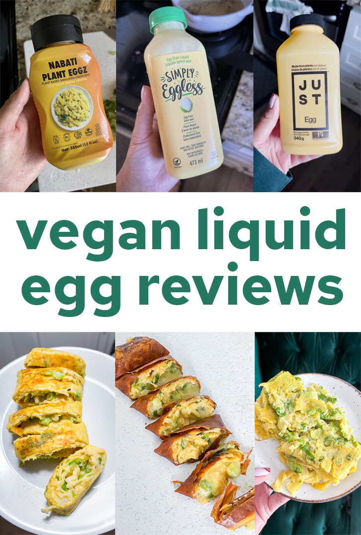 Vegan liquid egg review, three bottles of the products on top, three photos of the cooked products below