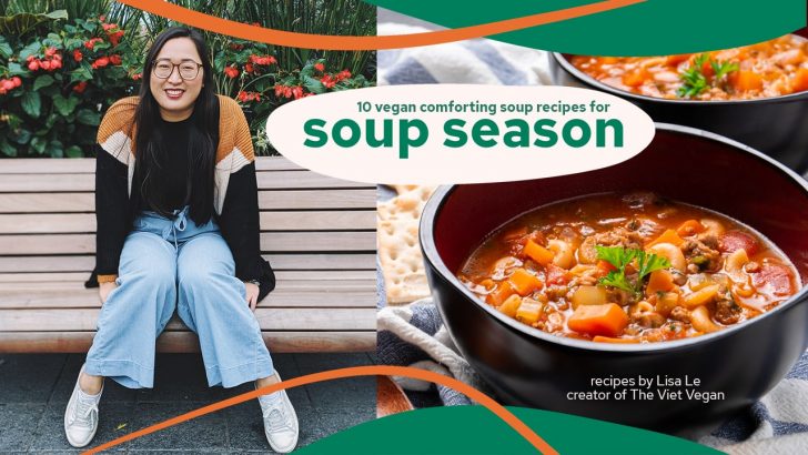 Soup Season eBook cover - Lisa on a bench beside a photo of hamburger soup