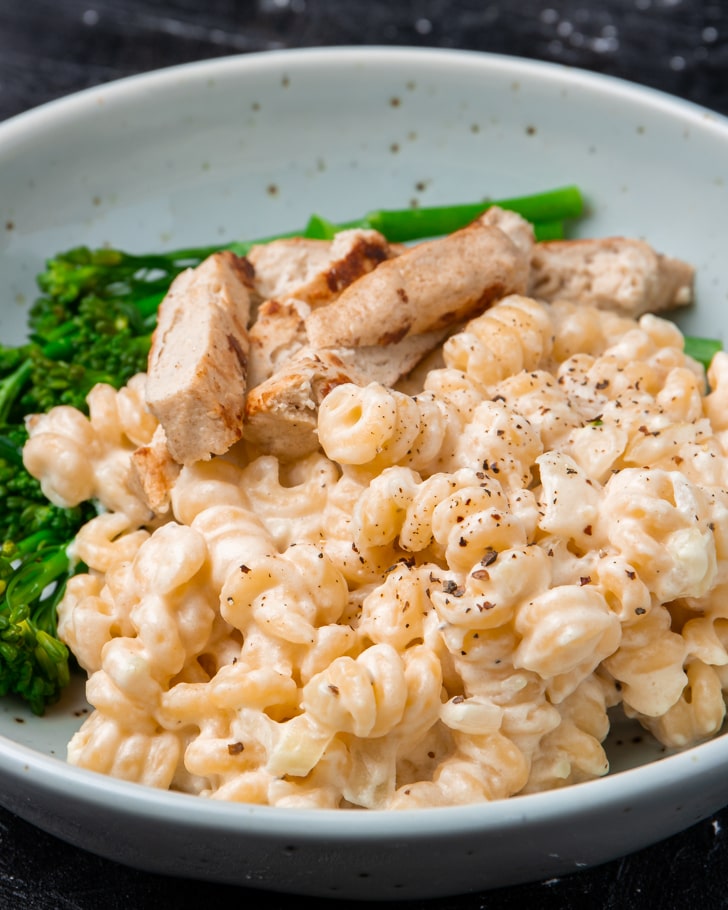 vegan alfredo with noodles close up