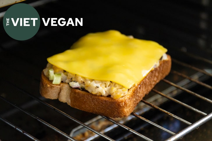 vegan cheese melted on top of vegan tuna salad on toast