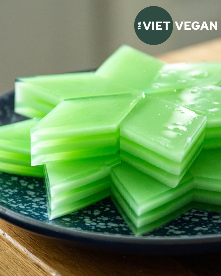 side view of coconut pandan jellies on a plate