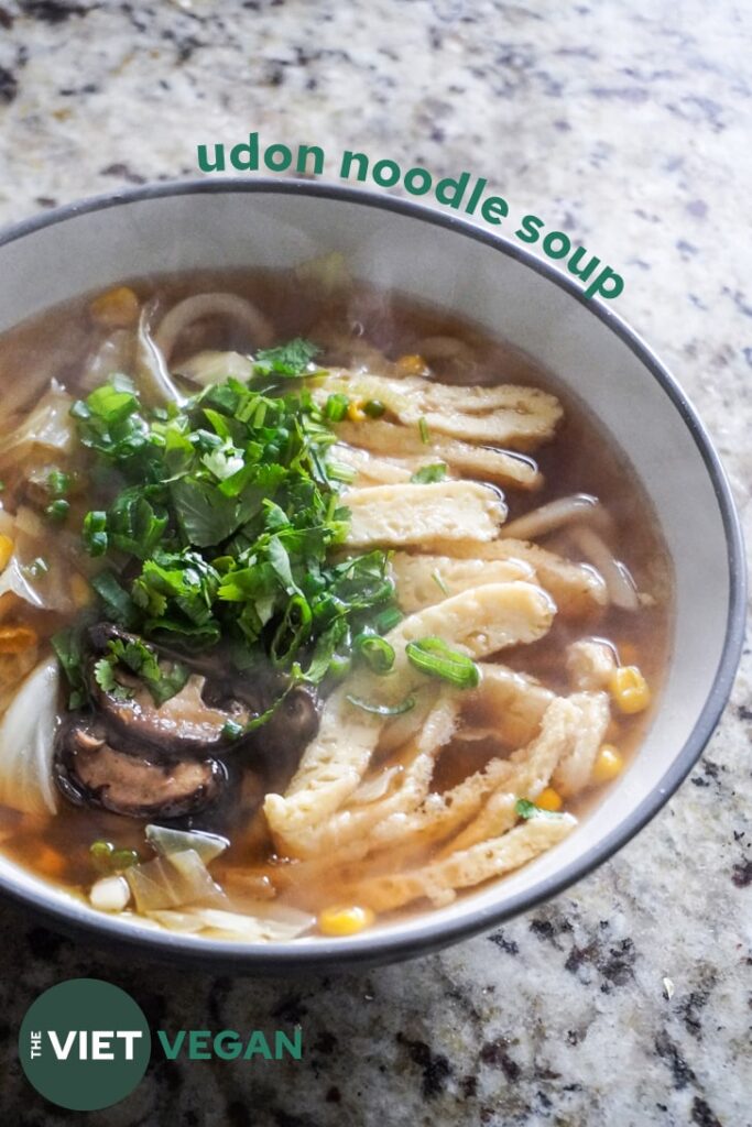 vegan udon noodle soup with toppings in a bowl on a granite countertop