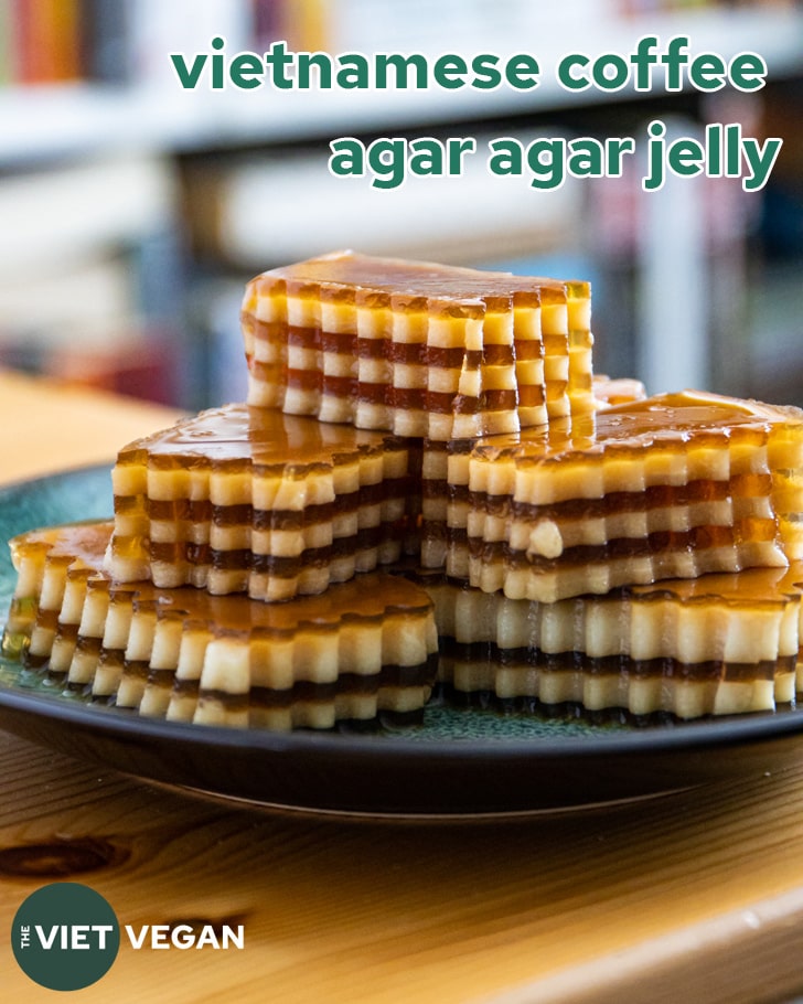 crinkle cut jellies on a plate with the text Vietnamese Coffee Agar Agar Jelly in the corner