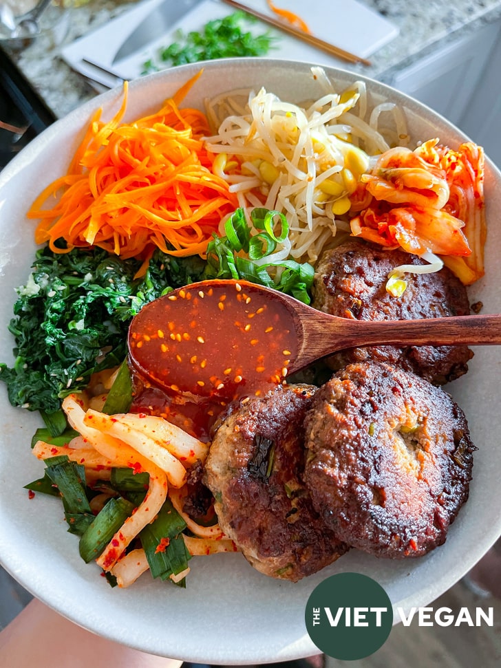 mini tofu hamburger steak bulgogi on bibimbap