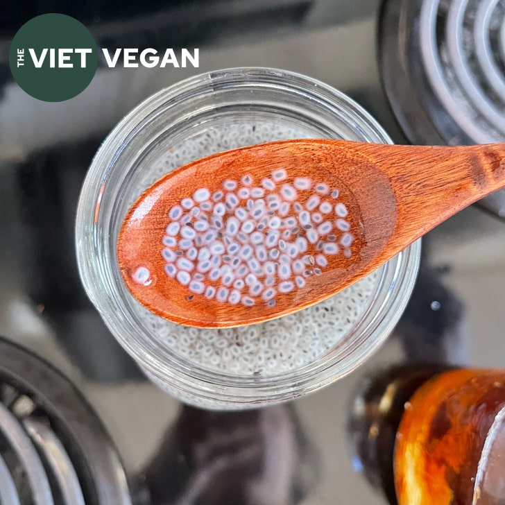 close up of hydrated basil seeds in a spoon