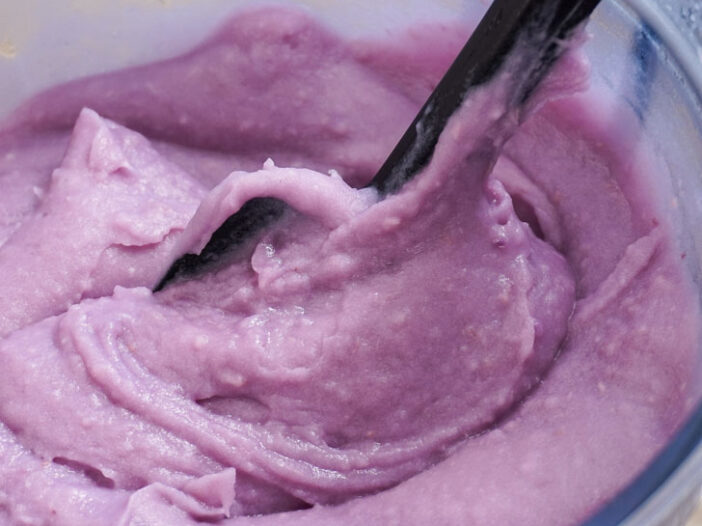 taro paste in a blender, with a black spatula