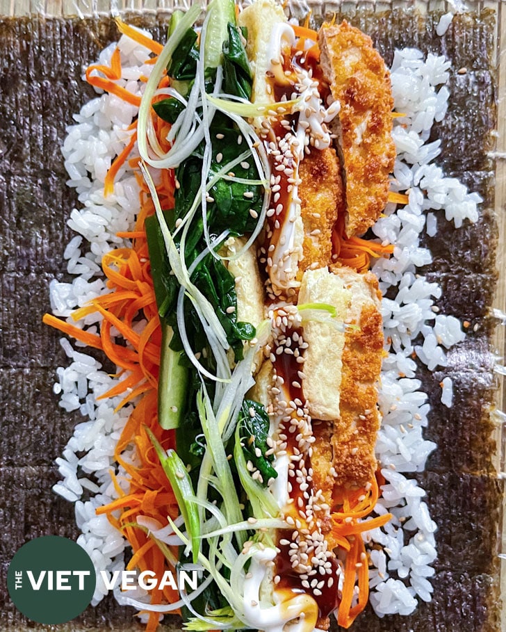 the inside of katsu kimbap before rolling