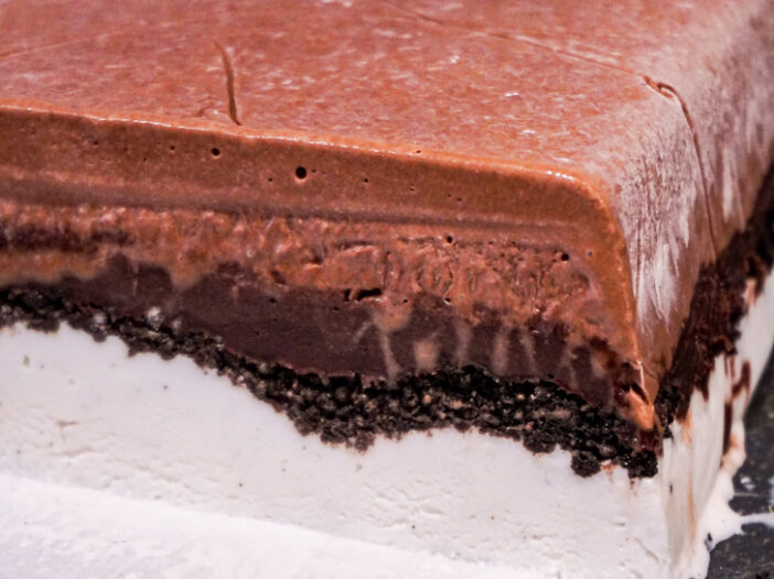 cross section of ice cream cake with chocolate ice cream, ganache, cookie crumble, and vanilla ice cream layers