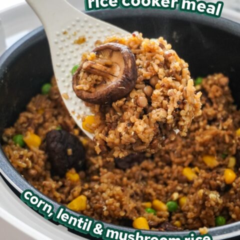 Mushroom Rice Cooker Meal with quinoa, corn and lentils - The Viet Vegan
