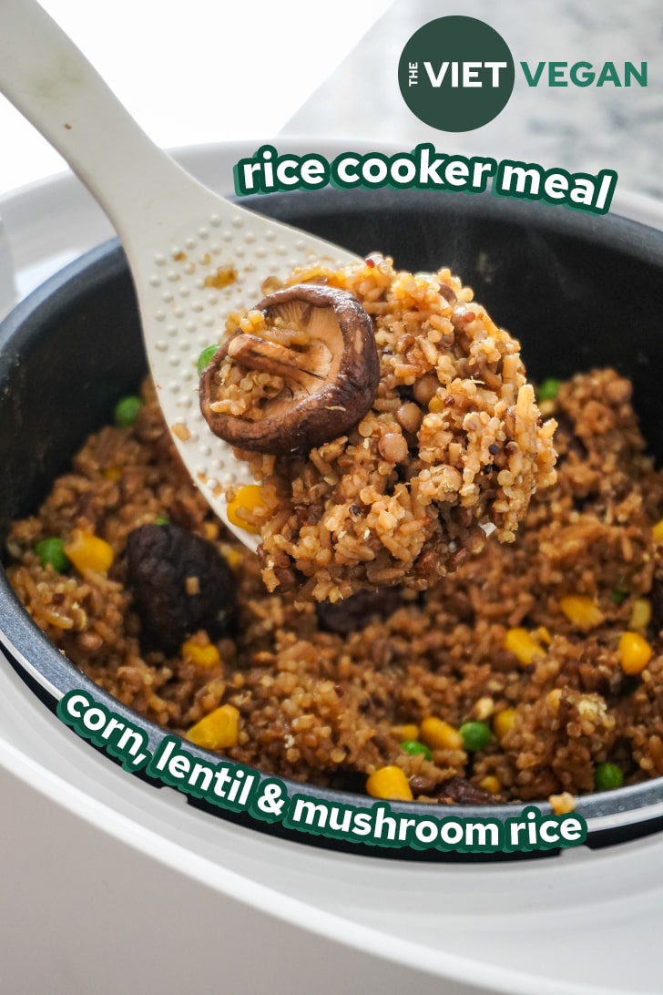 Mushroom Rice Cooker Meal with quinoa, corn and lentils - The Viet Vegan