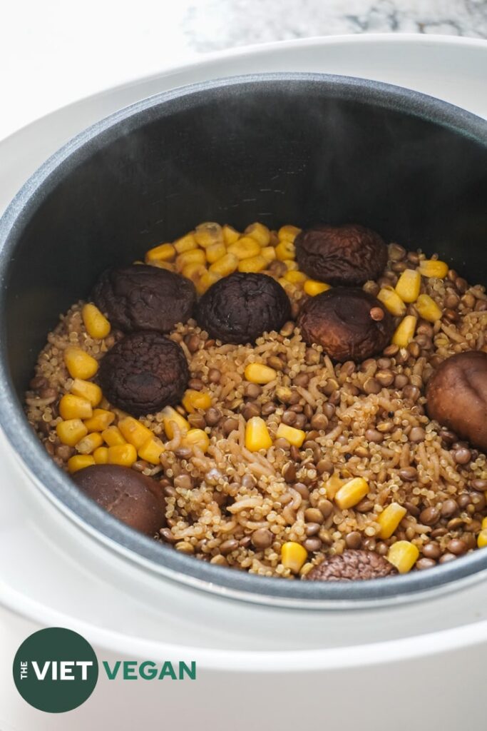 Mushroom Rice Cooker Meal with quinoa, corn and lentils - The Viet Vegan