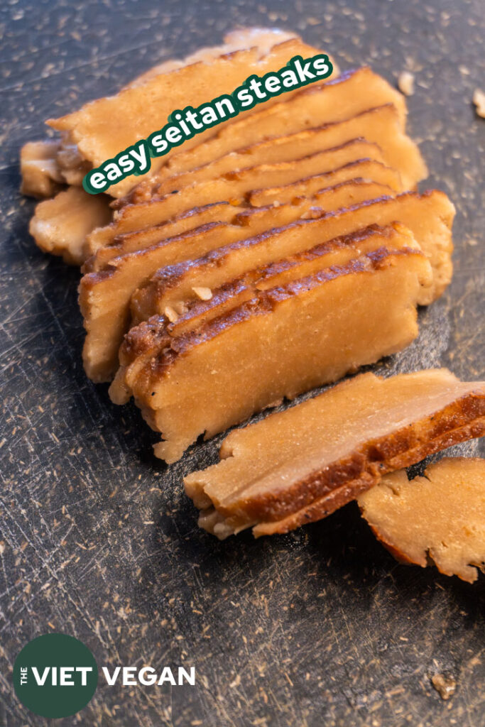 Seitan sliced on a cutting board