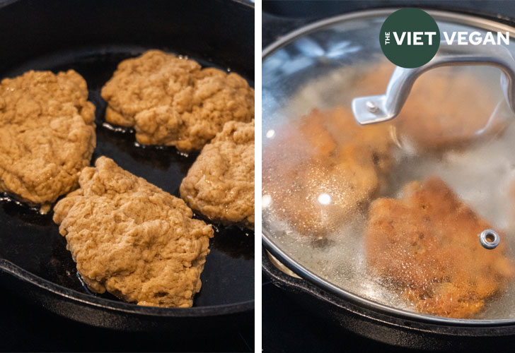 Two images side by side, the first is the seitan dough frying on a skillet, the second is them simmering with a lid covering the skillet.