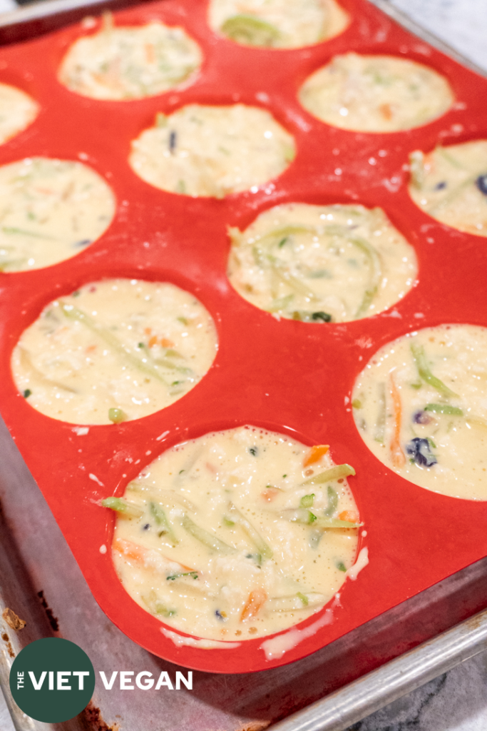 vegan egg bites in the silicone mold before going into the oven